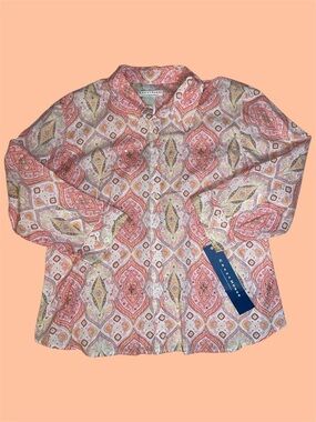 Crazy Horse by Liz Claiborne Coral and Yellow Patterned Beaded Button-Up Shirt